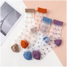 Harajuku/цветные прозрачные ультра-тонкие шелковые женские носки в горошек, летние, классные, винтажные, японские, вечерние, в подарок, розовые, в сеточку