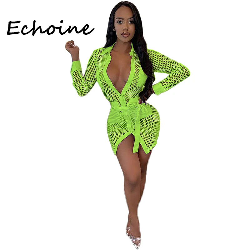 

Echoine Sheer Large Mesh Dress Turn Down Collar Deep V-neck See Through Pocket Bandage Dress Summer Cloth For Women