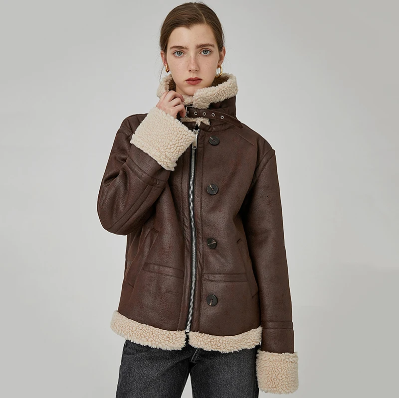 [EAM] Свободная куртка из искусственной кожи и овечьей шерсти большого размера, новинка, Женское пальто с воротником-стойкой и длинным рукавом, модное осенне-зимнее 1K2671