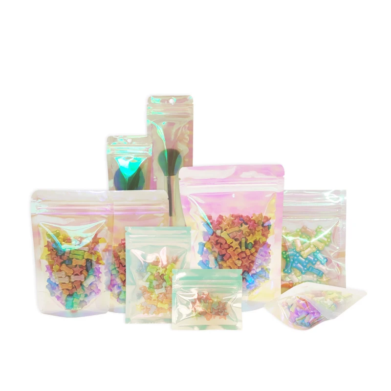 Plastic Zip Lock Bags Clear Iridescent Zip lock Bags Pouches Cosmetic Plastic Laser Iridescent Pouches Holographic Makeup Hologram Zipper Bags 100 pcs