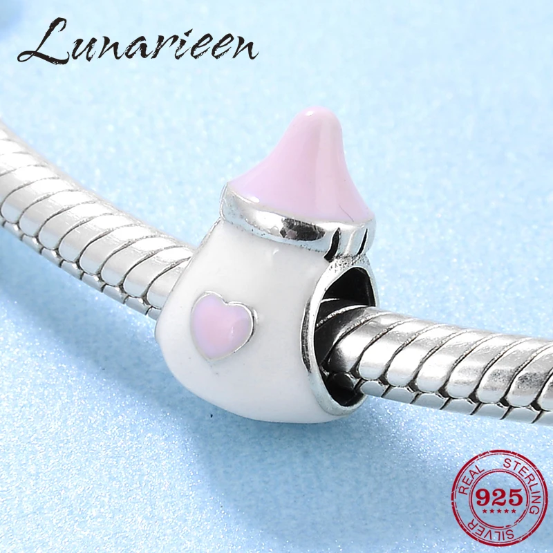 Real 925 Sterling Silver Charms Pink Baby pacifier Feeding bottle Beads Fit Original europeu DIY Bracelet Jewelry making | Украшения и
