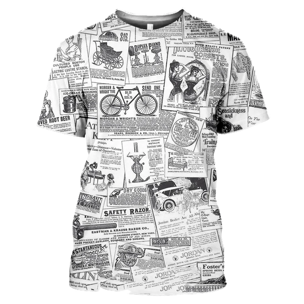 T-shirts Old Newspaper 3D Print Men Women Casual Fashion Hip Hop Funny Short Sleeve Streetwear Vintage Tees Tops Shirt