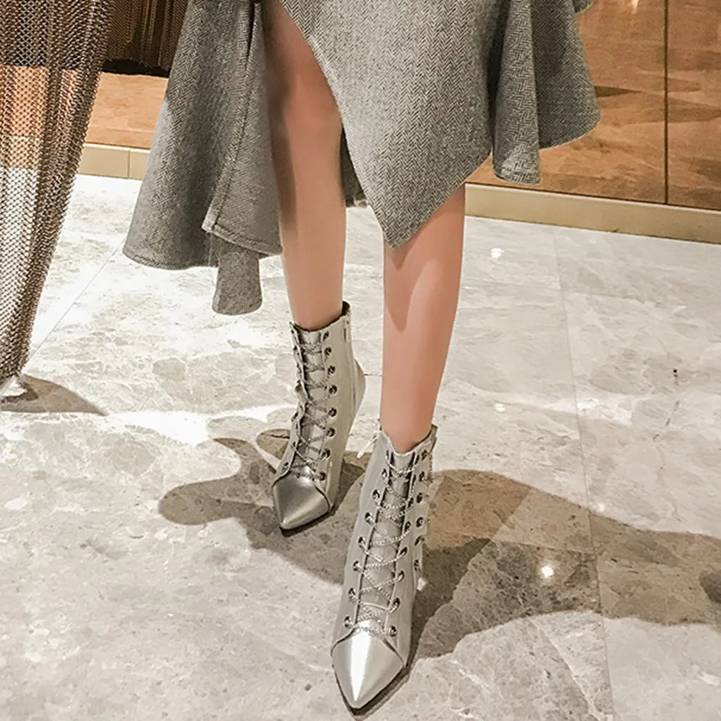 SAGACE Women Lady Thin Heels Pointed Toe Chain Stylish Retro Punk Sexy Shoes Boots Fashion Zip female boot travel hot August 21