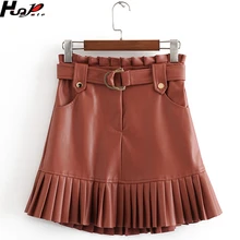 Huapate, Европейская и американская мода, искусственная кожа, складная юбка, искусственная кожа, юбка для женщин, элегантная, с поясом, Женская мини-юбка
