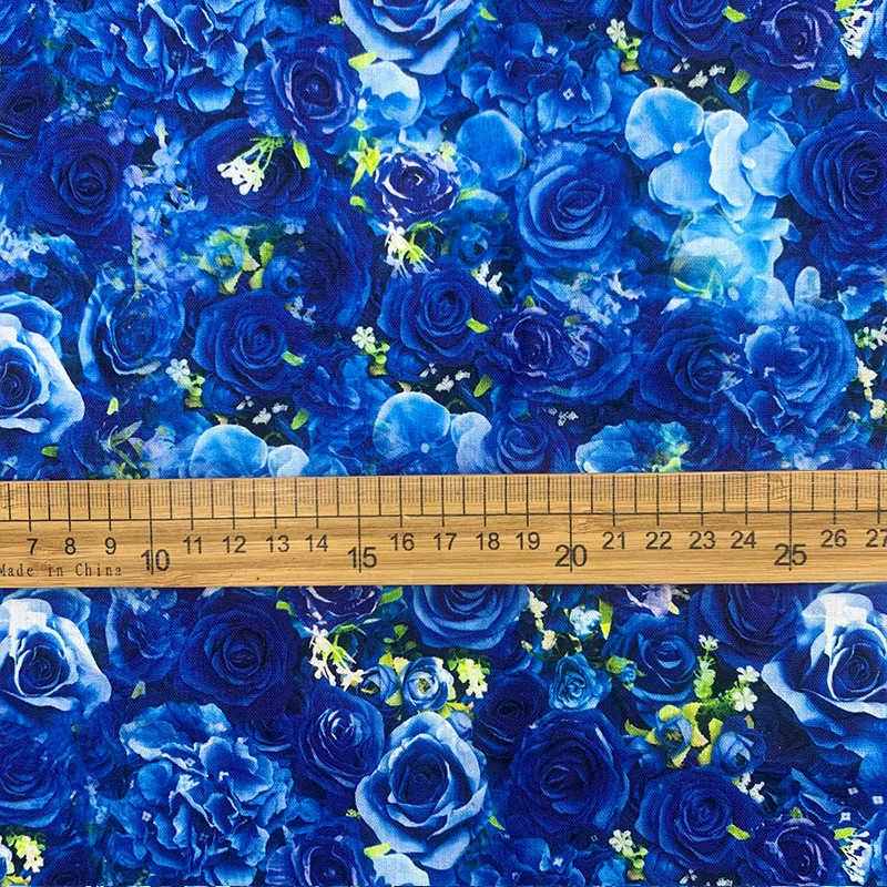 DIYドレス用の美しいバラの花生地、シャツ用の綿100% 生地、青い