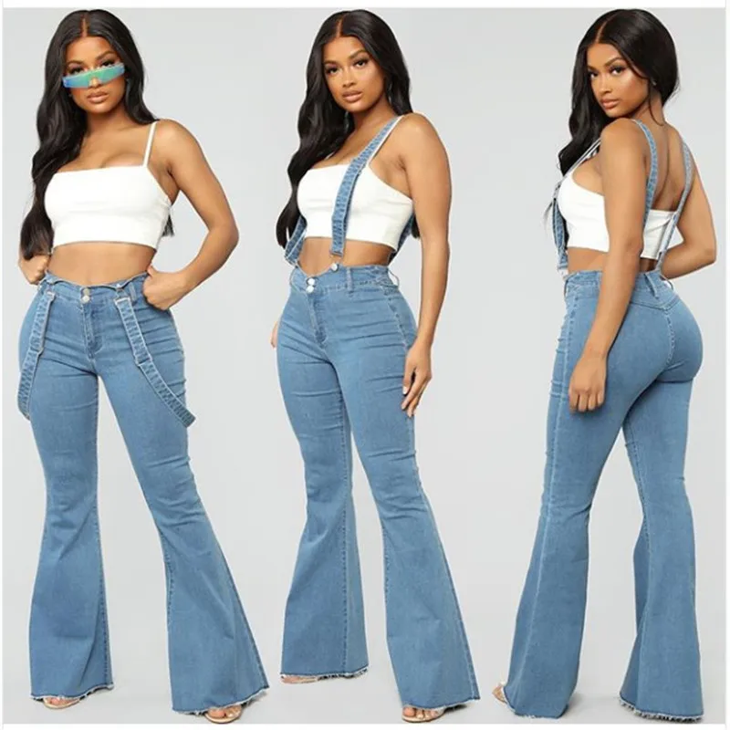 Women's Denim Bell-bottoms Solid Color with Buttons Suspender Overalls Spring Autumn High Street Sexy Jeans Flares Trousers