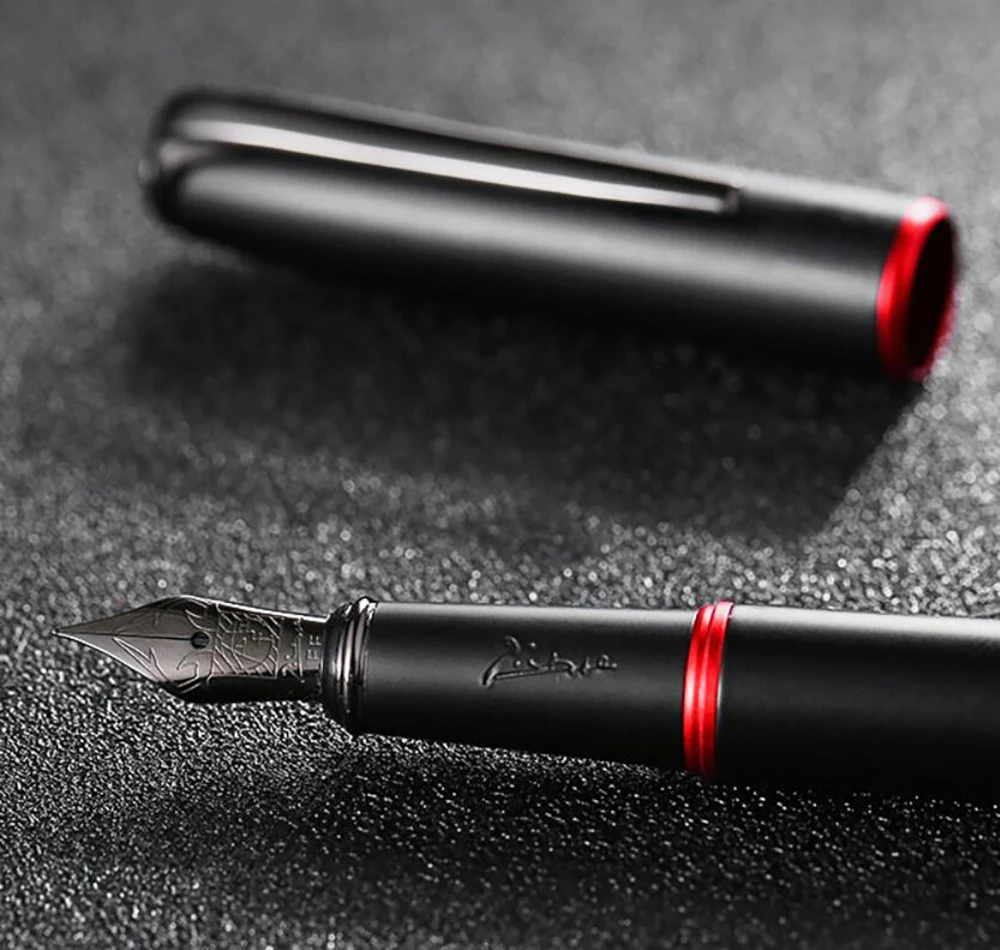 

New Picasso Pimio Black Metal Fountain Pen Black EF/M/Bent Nib 0.38/0.6/1.0mm Red Ring Matte Barrel Office Business Gift Ink Pen