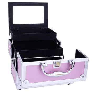 

Women Aluminum Makeup Train Case Jewelry Box Cosmetic Organizer with Mirror for Travel