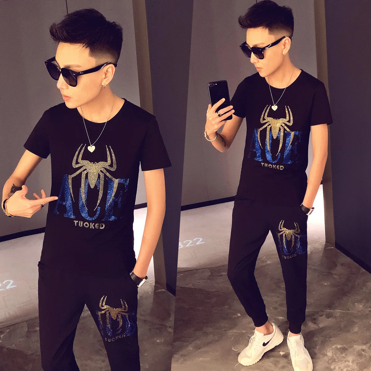 

Summer New Style Korean-style Men Leisure Set Fashion And Personality Versatile Lettered Hot Drilling Skinny Nine Pants Two-Piec