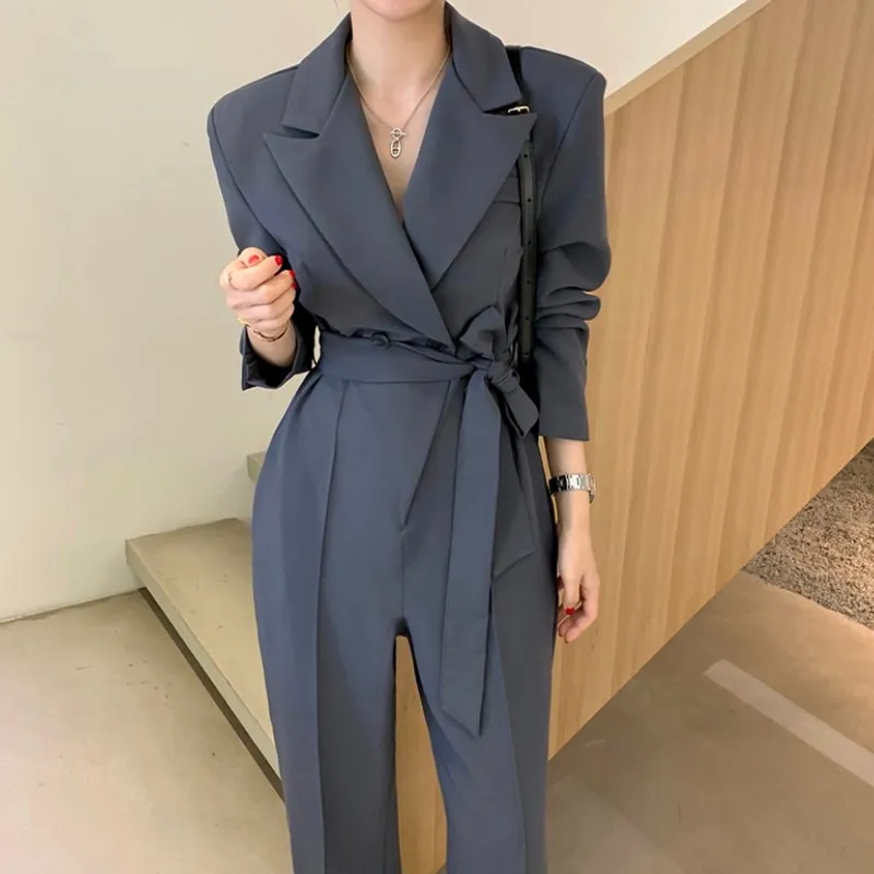 

Elegant Notched Collar Double Breasted Playsuits Long Pants Chic Sashes Office OL High Waist Slim Retro Jumpsuit Women