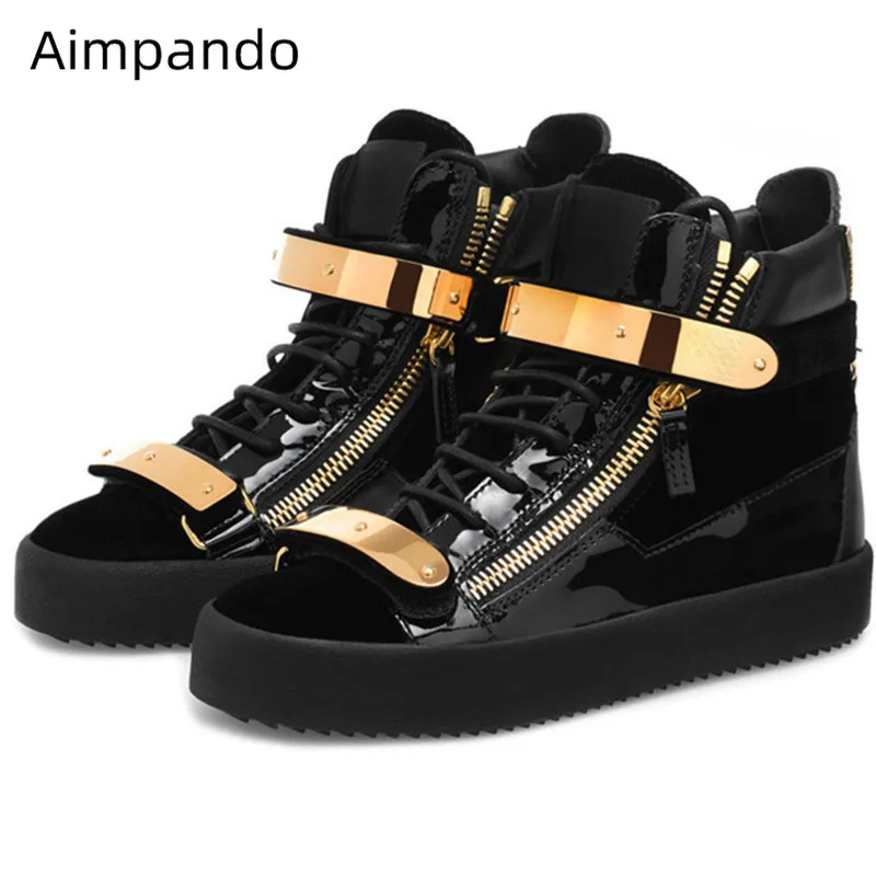 

Fashion High Top Man Shoes Gold Metal Decoration Thick Bottom Party Shoes Round Toe Cross Lace Up Footwear Hot Sell Shoes Men