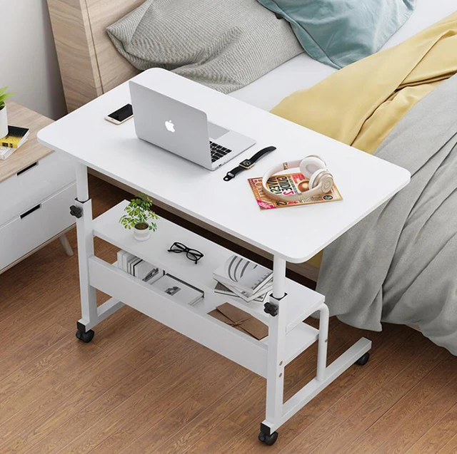 Table en bois pour ordinateur portable avec roulettes, étagère de