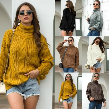 

Turtleneck Knitted Sweater Women Jumpers Loose Yellow Long Sleeve Woman Pullovers Sweaters Casual 2020 Plus Size Winter Sweater