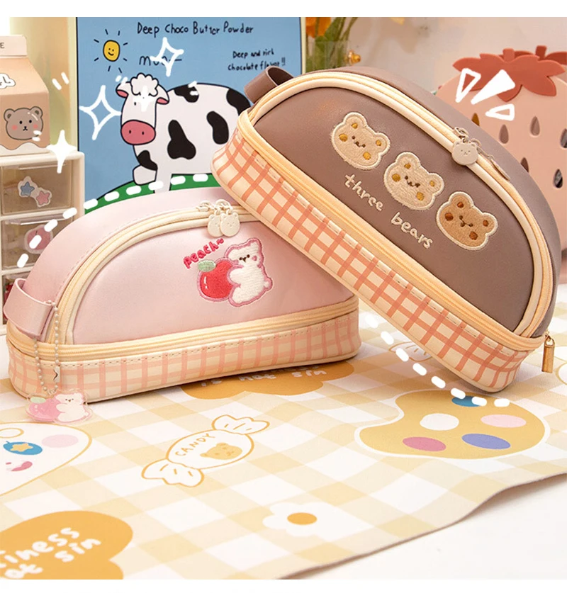 Kawaii Pencil Case    ins Japanese stationery Bear girl heart large capacity makeup pouch three bears cartoon cases in pink brown