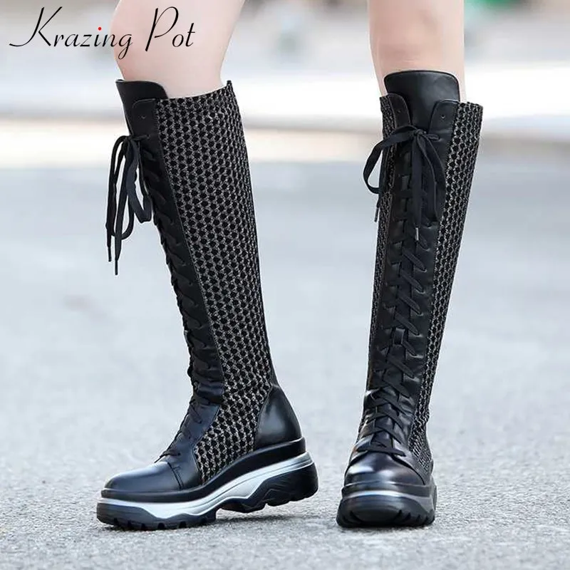 

krazing pot unique design cow leather patchwork stretch flock boots lace up high heels thick bottom warm thigh high boots L8f2