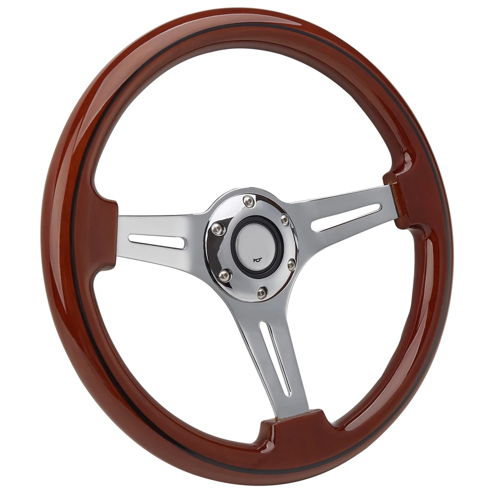 Универсальный 350 мм коричневый деревянный руль 1" гоночный автомобиль деревянный руль с хромированной серебряной спицей
