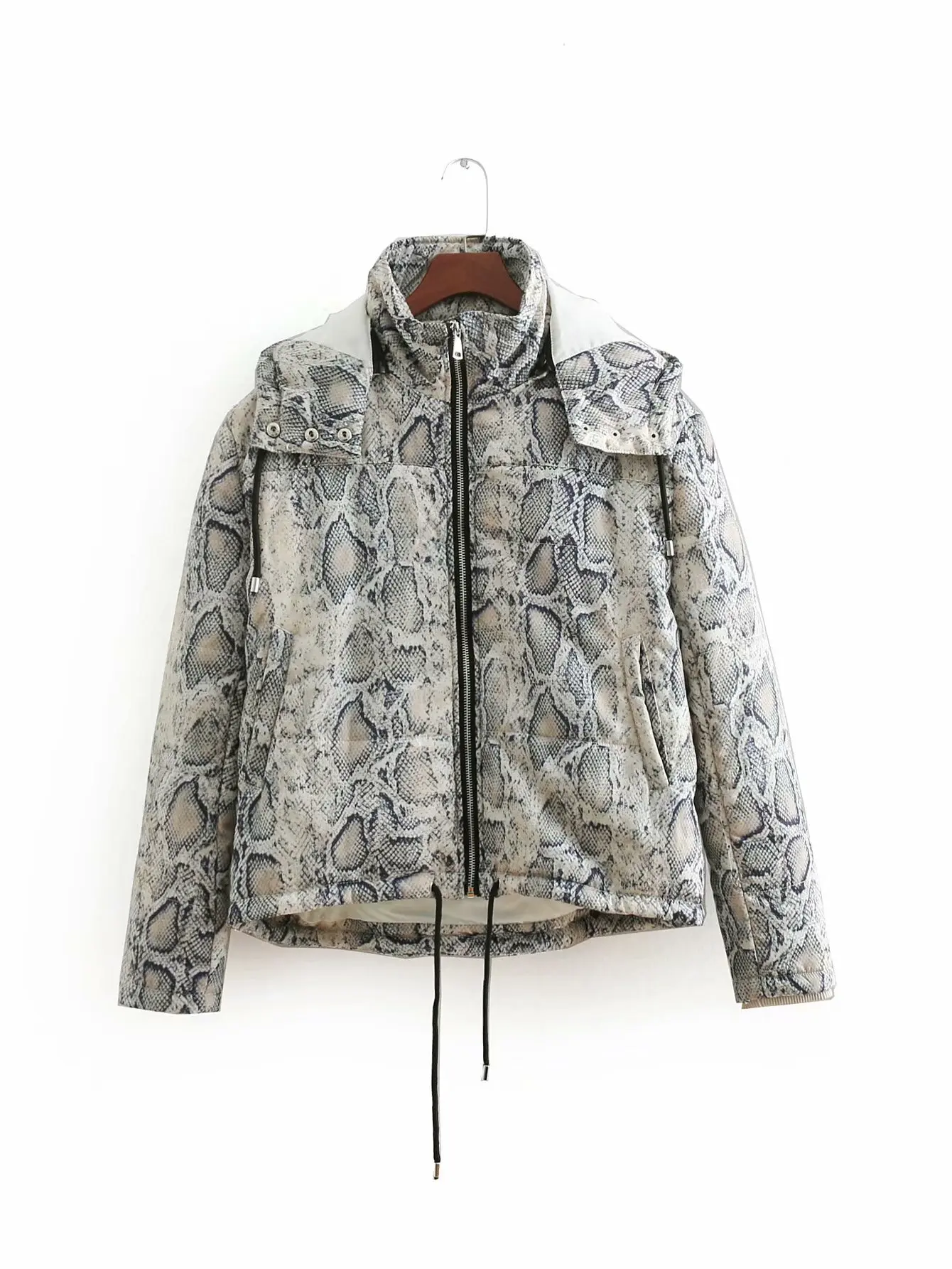 

2018 Winter New Style Retro Animal Pattern Printed Long Sleeve Hooded Zipper Jacket Cotton Coat Women's Cotton Overcoat