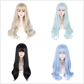 

Long Straight Wavy Hair Lolita Cosplay Wig Blonde/Blue/Green/Black Women Lady Fashion Party With Bangs Halloween Synthetic