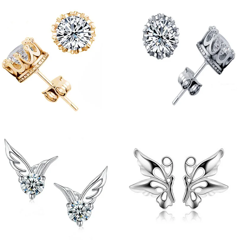 4 STYLES Fashion Jewelry Women Crown Classic Shining Zircon Small Stud Earrings Gold SILVER Ears Stud For Men Crystal Earrings