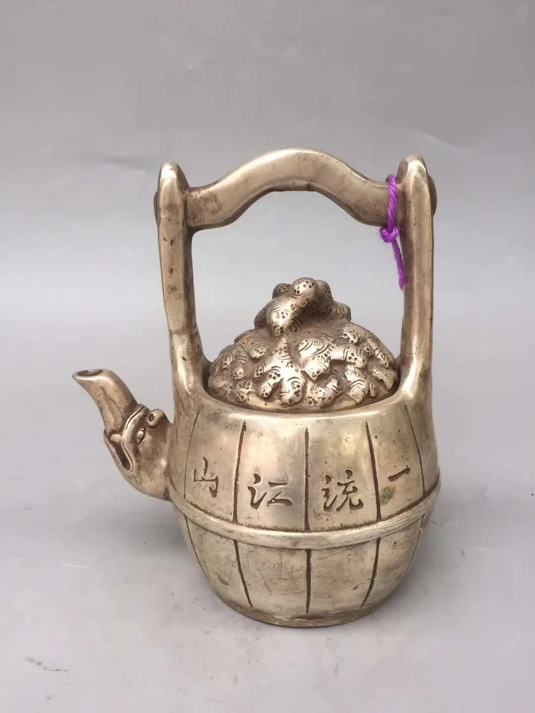 

Collection Chinese Tibet Silver Carved Wooden Barrel Wealth Barrel Business Booming Copper Statue Office Home Ornament