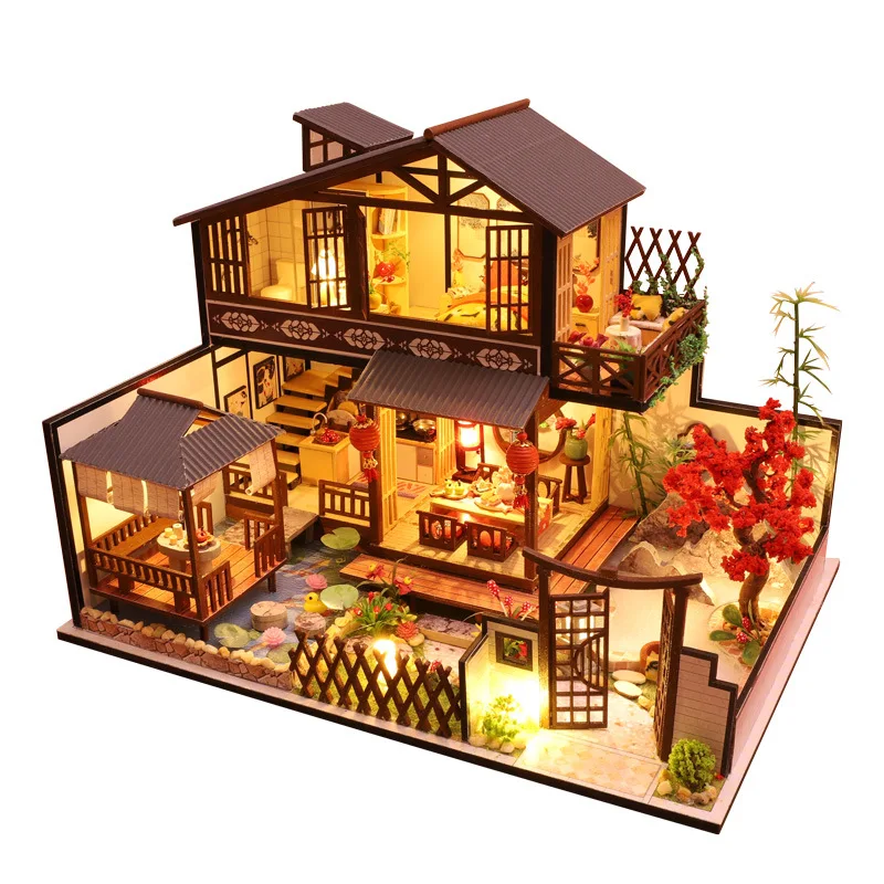 Миниатюрный кукольный домик мебель для двора светодиодные аксессуары японская модель здания 3D деревянная головоломка игрушка детский подарок на день рождения Рождество