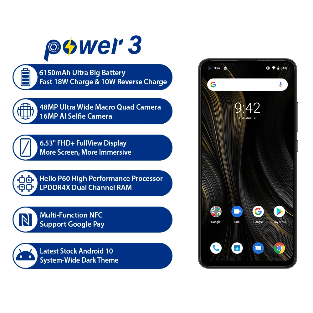 UMIDIGI Power 3 Android 10.0 Phone Global Version RAM 4GB ROM 64GB Octa Core 48MP Cam LTE 4G Dual SIM Smartphone Fingerprint NFC