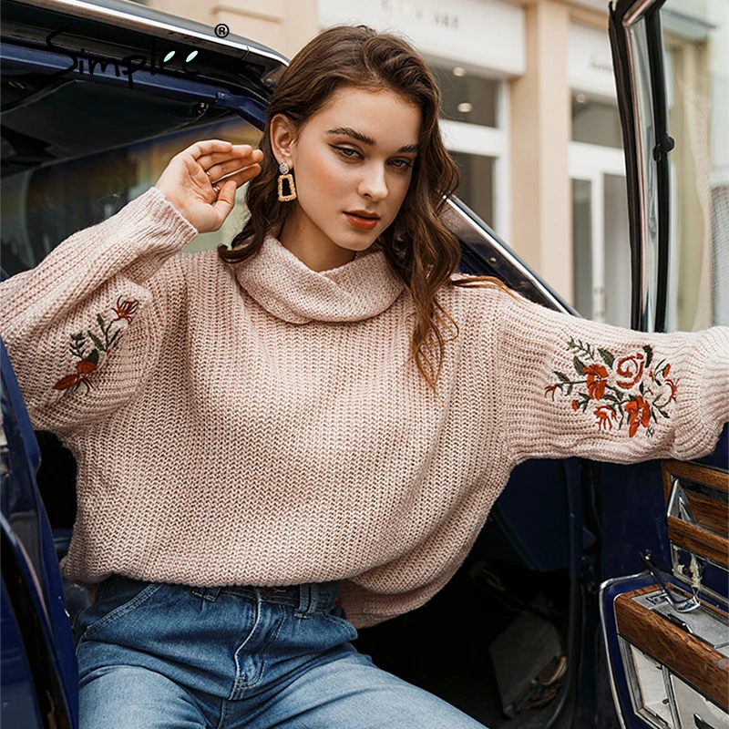 Женский свитер Simplee с высоким воротом пуловер вышивкой и рукавами фонариками