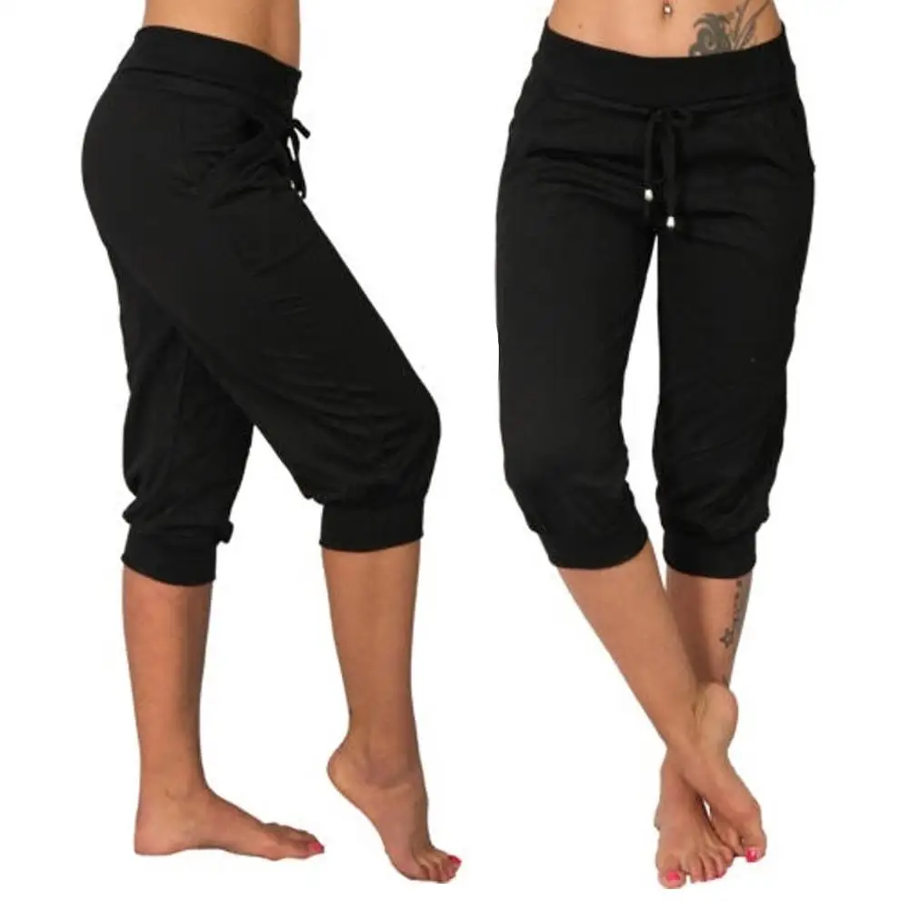 Summer Autumn Ladies 3/4 Trousers Casual Solid Color Low Rise Drawstring Pockets Sports Capri Pants Shorts Summer Autumn Ladies 3/4 Trousers Casual Solid Color Low Rise Drawstring Pockets Sports Capri Pants Shorts