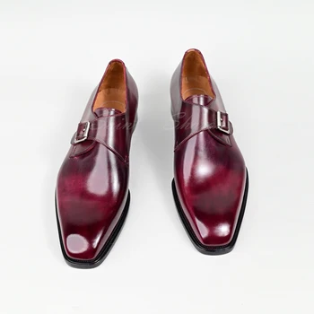 

Classic Men's Dress Shoes Calfskin Handmade Goodyear Elegant Burgundy Formal Wedding Shoes High Quality Luxury Monk Shoes
