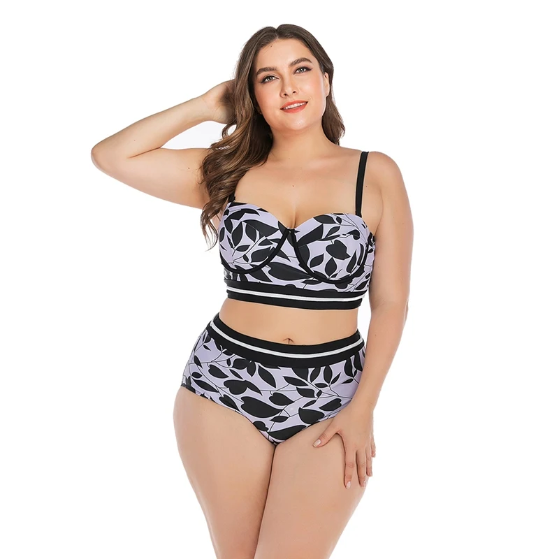

Lady Plus Size 4XL Swimsuit Beach Swimming Suit Women Tankini Leaves Printed Strappy High Waist Swimwear Bikini Top Bottom