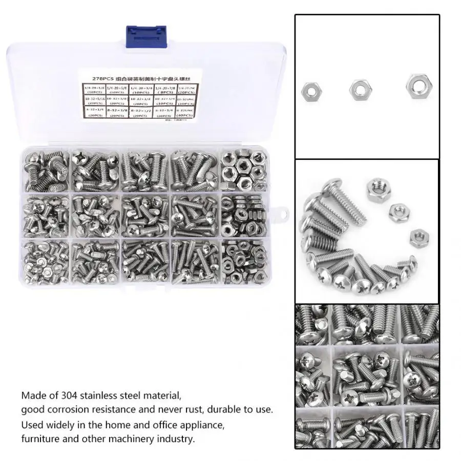 278pcs/set Stainless Steel Pan Screws Nuts Combination Kit