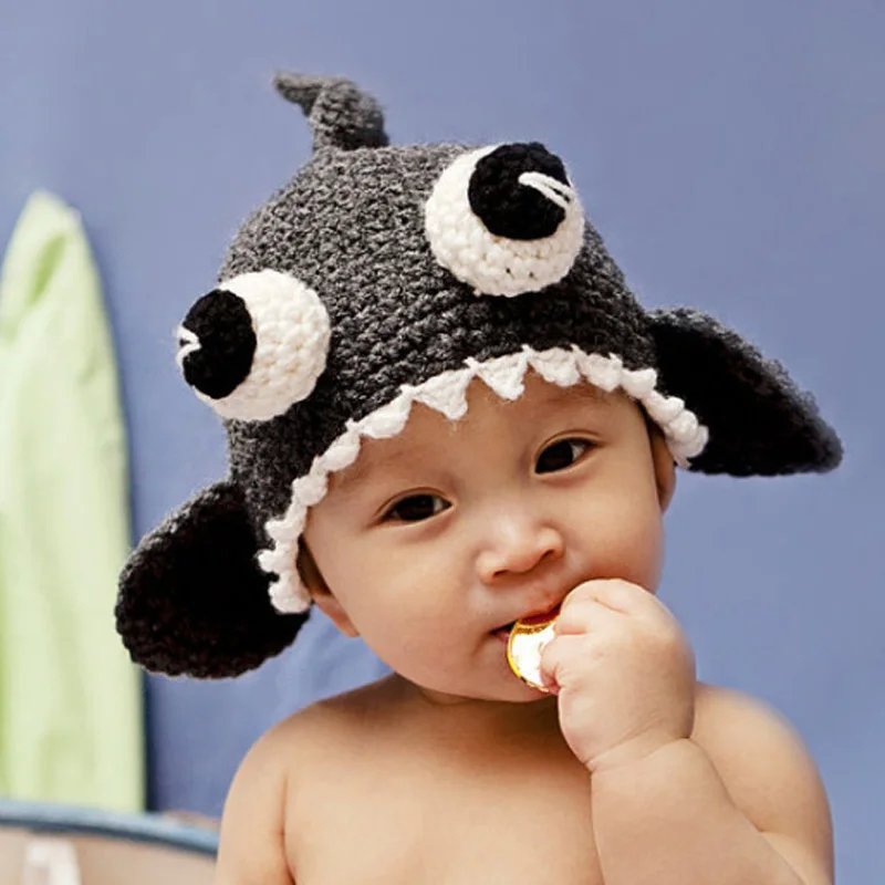 Baby Knitted Shark Hat Grey Crochet Beanie Big Eyes Warm Caps for Autumn Winter AN88 - Цвет: A