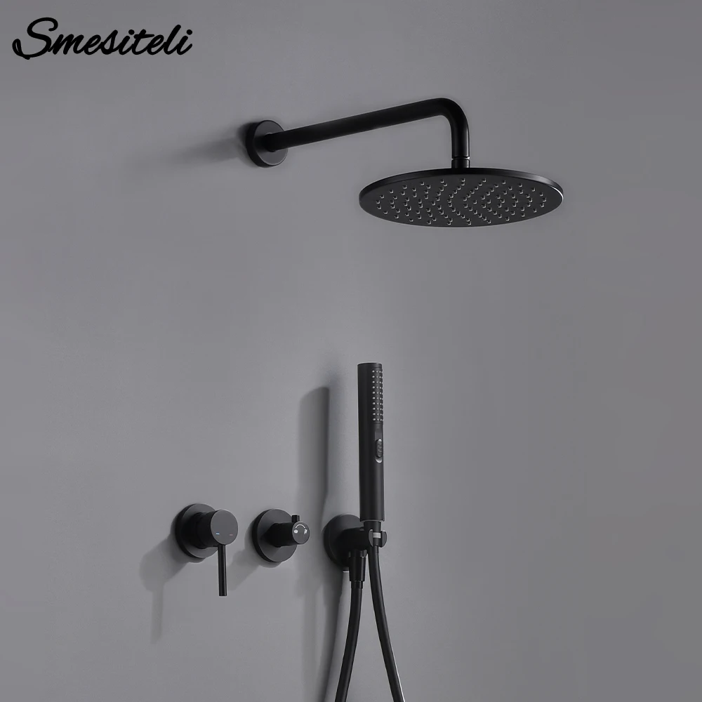 Smesiteli Matt Black Hot & Cold Shower System Sets With Brass Arm Diverter Kit Mixer Tap Hand Held Head Wall Valve Spout