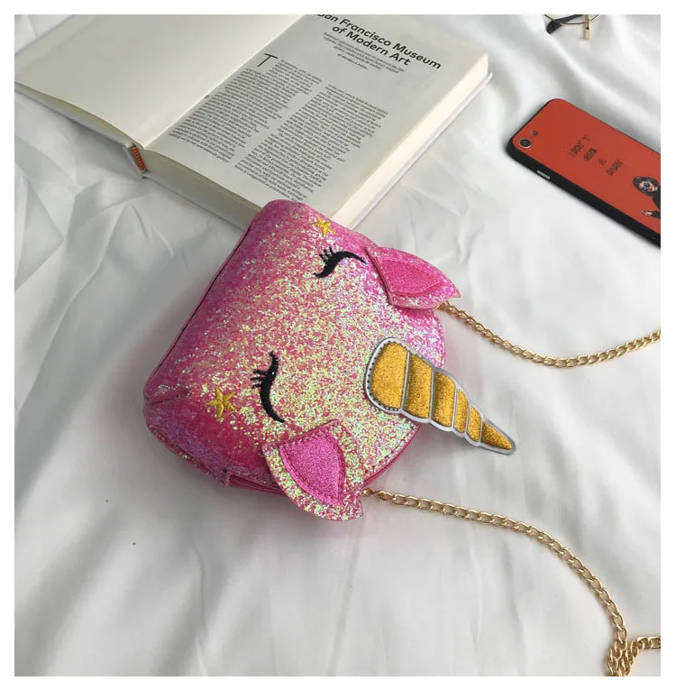 Kids Sequin Gillter Unicorn Handbag Purse Kuwaii Pink Silver Unicorn Crossbody Bags for Little Girls Mini Leather Shoulder Purse (7)