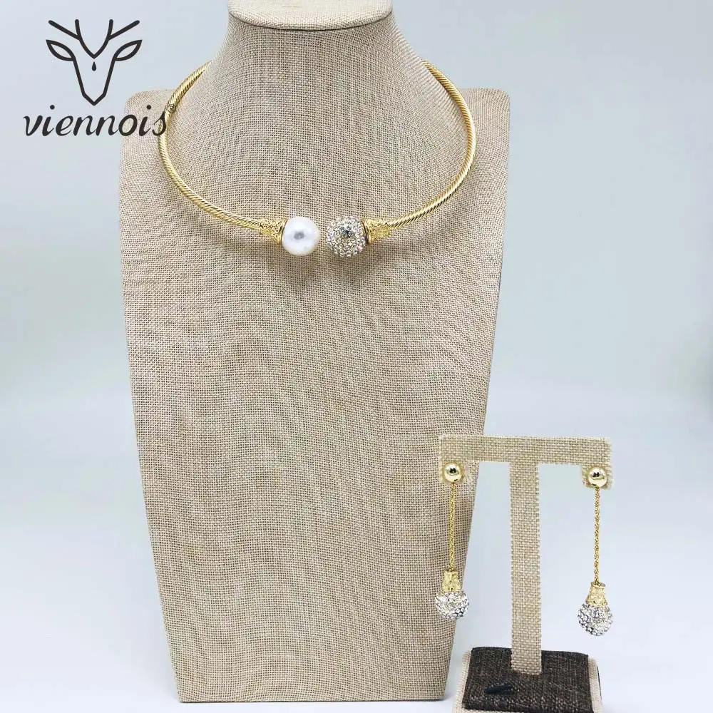 Viennois Модный золотой цвет висячие серьги циркониевый шар ожерелье набор