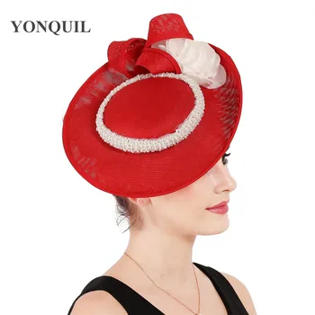 

Red with white classic big fascinator hat women formal chapeau cap hair pin bridal wedding fashion headpiece elegant ladies hat