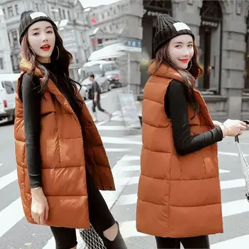 

Women Cotton Vest Winter Autumn 2020 New Female Sleeveless Waistcoat Hooded Warm Long Vest Solid Coat with Zipper