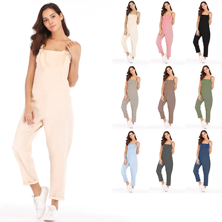 

Loose large solid color casual strap Jumpsuit