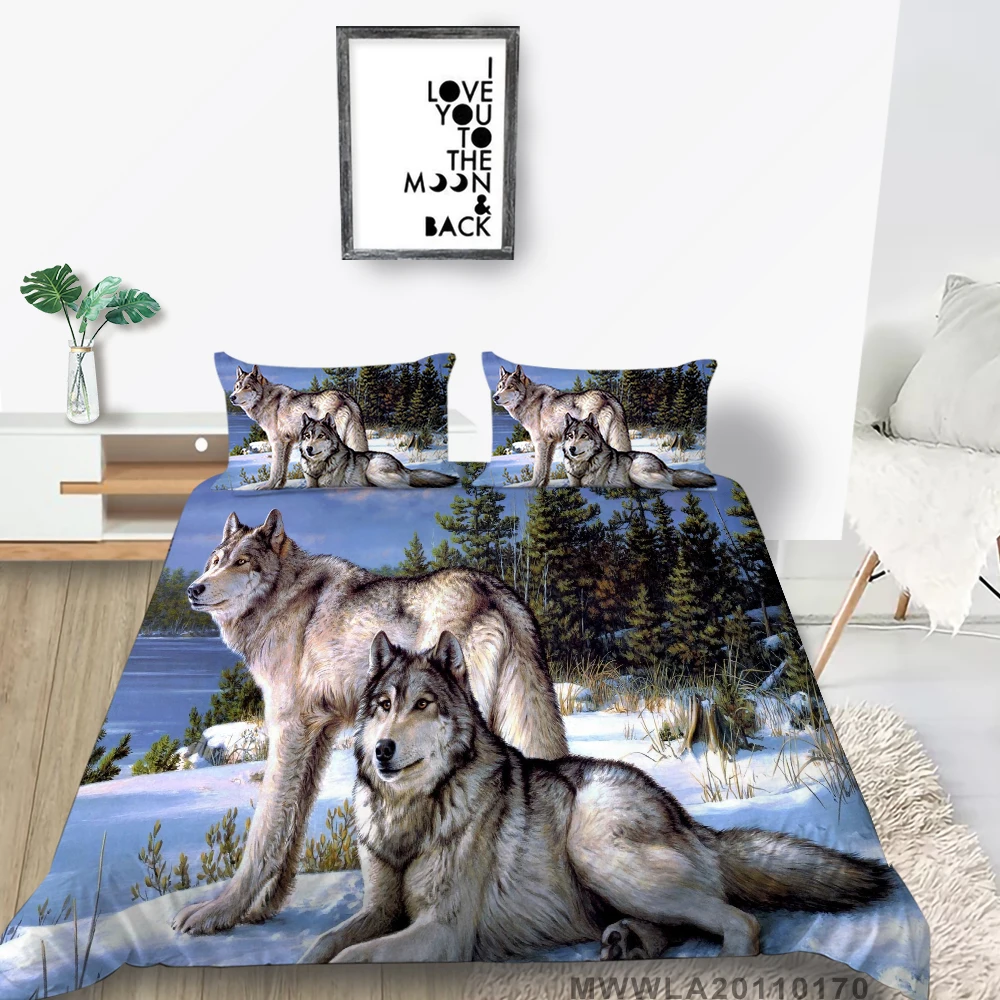 

Two Wolves Bed Set Snow And Pine Forest Artistic Duvet Cover King Queen Twin Full Double Single Wolf Painting Bedding Set