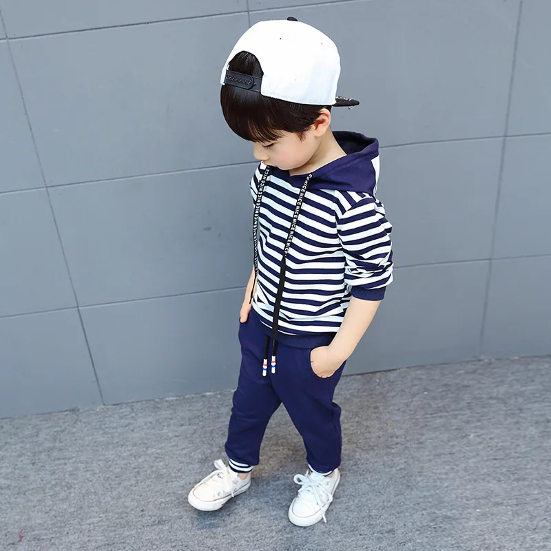 

Spring Clothing 2019 New Style Childrenswear BOY'S Suit Children Sports Two-Piece Set Children Hooded Stripes Long Sleeve Trouse