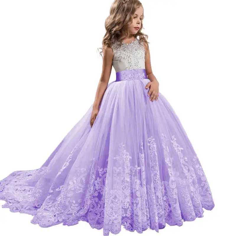 Свадебное кружевное платье для девочек с шлейфом Детские платья подружки невесты для девочек, детское длинное платье принцессы Vestido платье для вечеринки LP-231 - Цвет: Фиолетовый