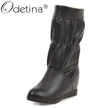

Odetina Women Platform Wedge Distressed Mid Calf Boots Round Toe Winter Keep Warm Thick Fur Non-slip Snow Boots Elegant Casual