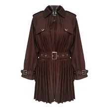 Женское пальто с отворотом и длинным рукавом, высокая талия, теплая Осенняя зимняя ветровка, верхняя одежда на пуговицах, однотонный пояс, плиссированная куртка с подолом