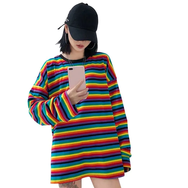 

Rainbow Stripe T Shirt Spring Autumn Harajuku Female Shirt Long Sleeve Plus Size Tshirts Woman Korean Loose Tops New Arrival