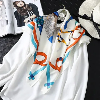 

2020 High Quaity Twill Satin Scarf For Women's New Silk Travel Neck Scarf Oversize Square Scarf For Women's Line Print Shawl