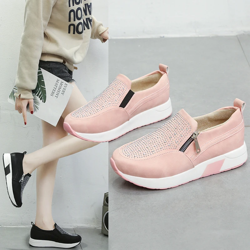 

Size 43 Fashion Slip On Wedge Sneakers Women Sneakers Breathable Comfort Casual Shoes Woman Pink Black White Crystal Sneakers