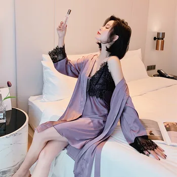 

Female 2PCS Nighty&Robe Set Intimate Lingerie Pink Nightgown Satin Kimono Bathrobe Gown 2020 New Bride Bridesmaid Wedding Robe