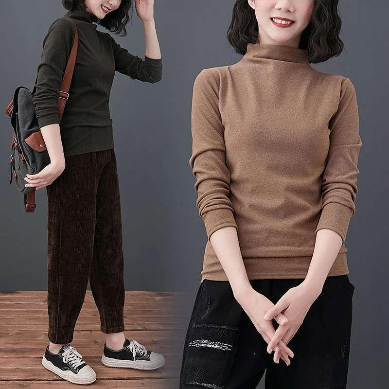 DIMANAF 2020 Plus Size T-Shirt Women Tops Turtleneck Soft Cotton Long Sleeve Casual Style Vintage Show Thin New Elegant Tees