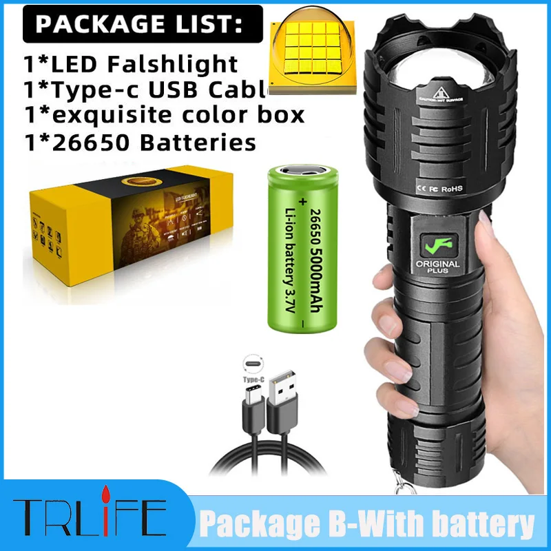 GEKIRO Rechargeable Zoom Flashlight - 900,000 Lumens, XHP160 LED, 5 Modes, IP67 Waterproof, Power Bank