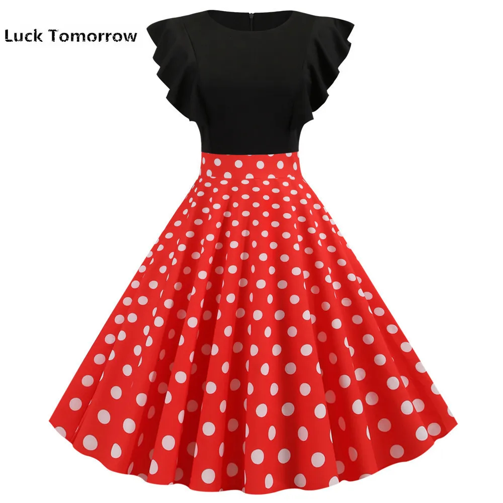 

Elegant Dot Vintage Dress Summer Women Petal Sleeves High Waist Red Midi Party Dress Casual 2019 Rockabilly Vestidos Robe Femme